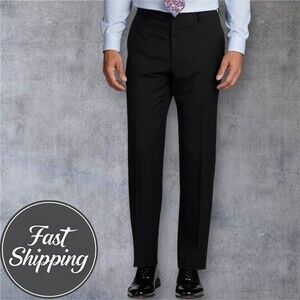 HUGO BOSS Mens Dress Pants 36W - UNHEMMED Black Virgin Wool Trousers Slacks